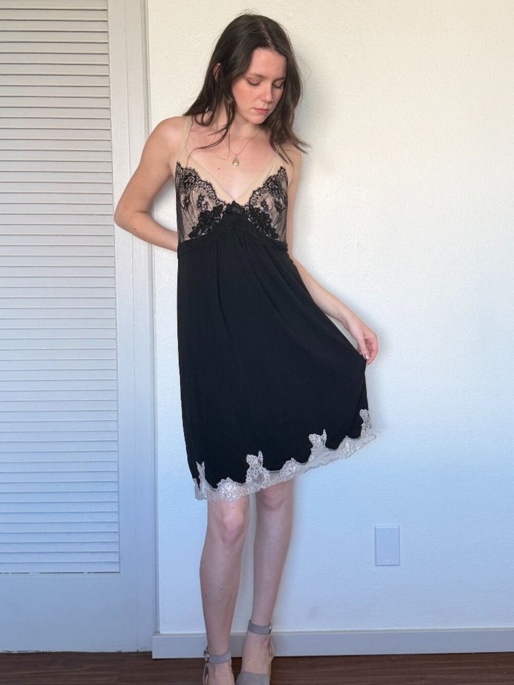 Y2K Mini Babydoll Dress (L) large black tan vintage lace sexy nightie glam goth